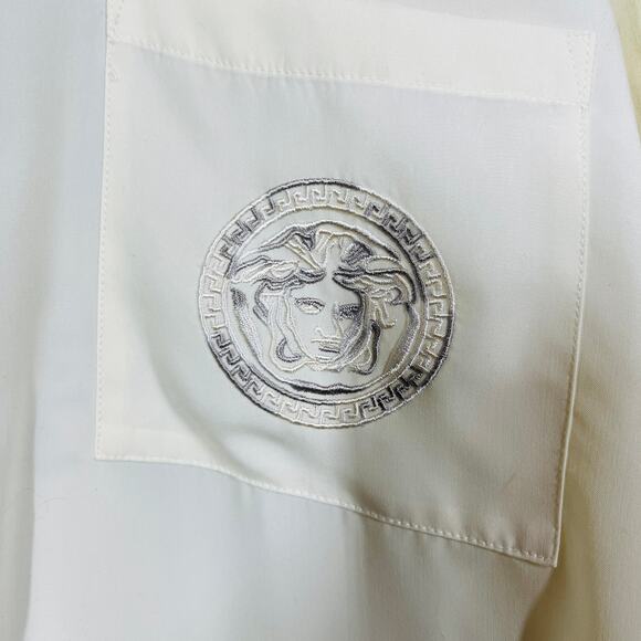 Button Up Shirt Greek Goddess Medusa Embossed Short Sleeve Ivory Resort Casual L - Picture 5 of 9